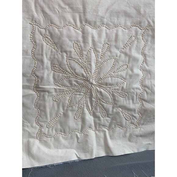 Handmade Snowflake Cream Candlewick Embroidered Cotton Fabric Panel - Picture 2 of 3
